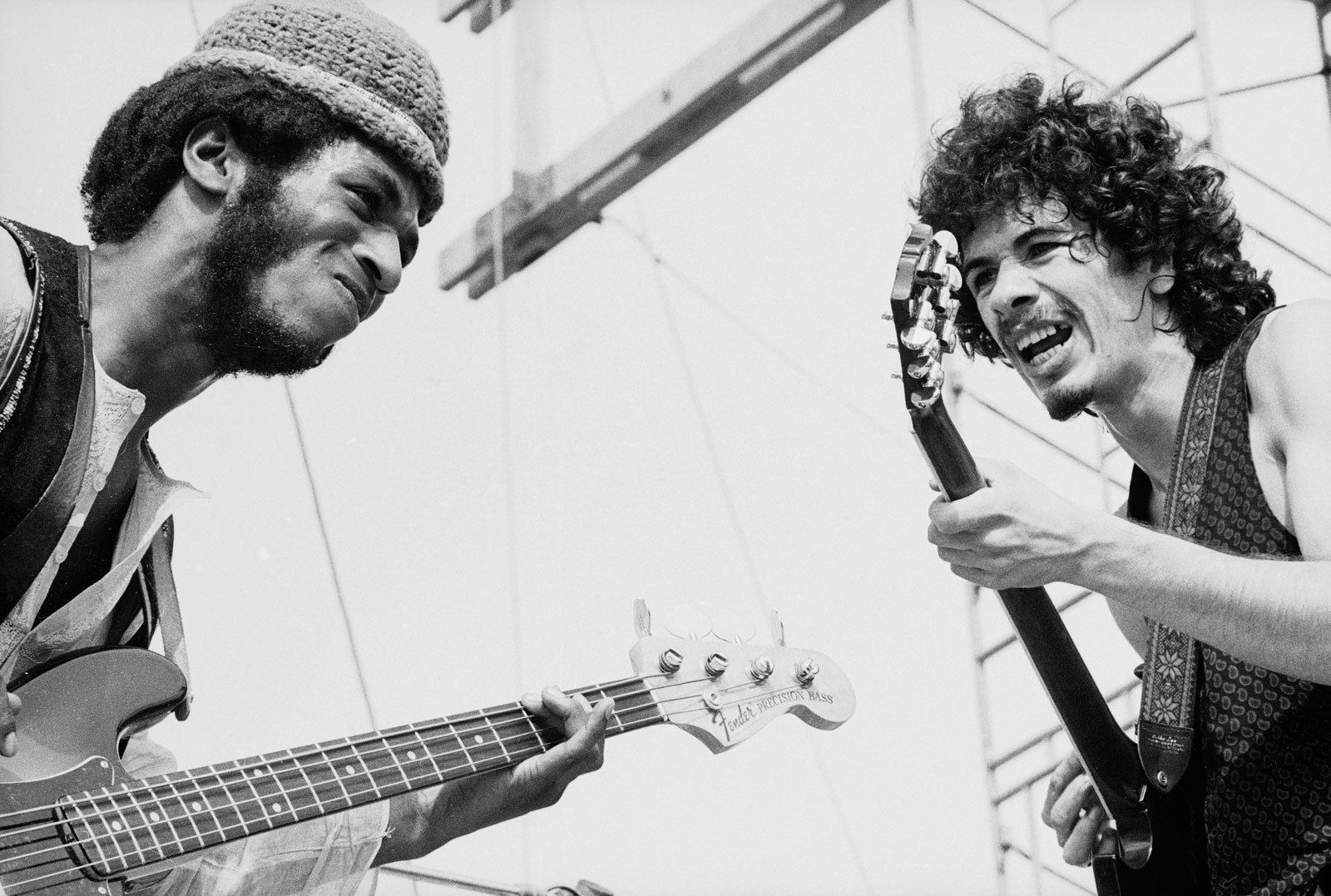 Bassist David Brown and Carlos Santana, Woodstock, August 16, 1969. Photo by Tucker Ransom, Hulton Archive/Getty Images.
